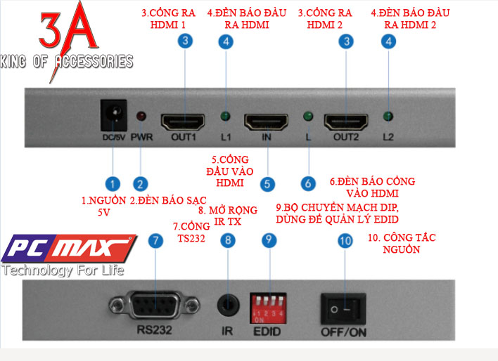 Bộ chia HDMI 1 vào 2 ra hỗ trợ 2k x 4k chính hãng PCMAX tại Hà nội PCM-S102