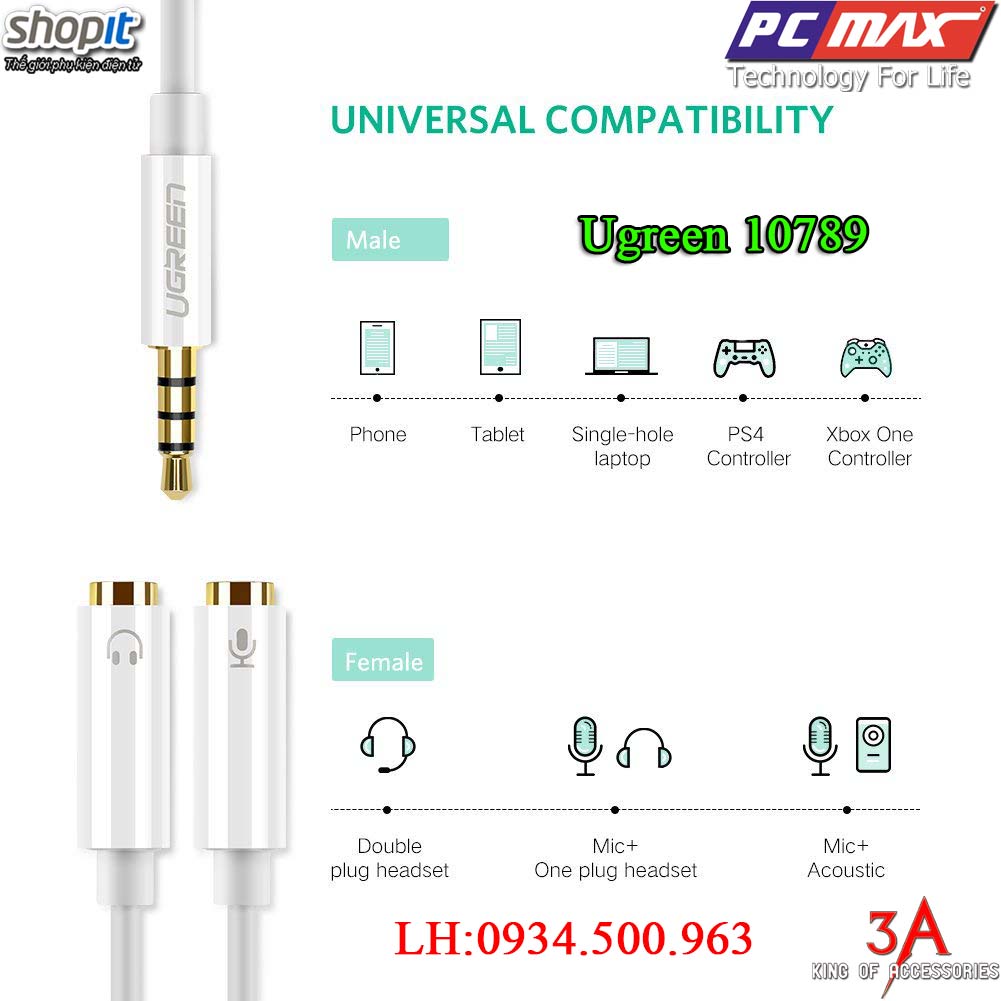  Dây chuyển đổi  Audio 3.5mm sang 2 đầu Audio 3,5mm chính hãng Ugreen 10789